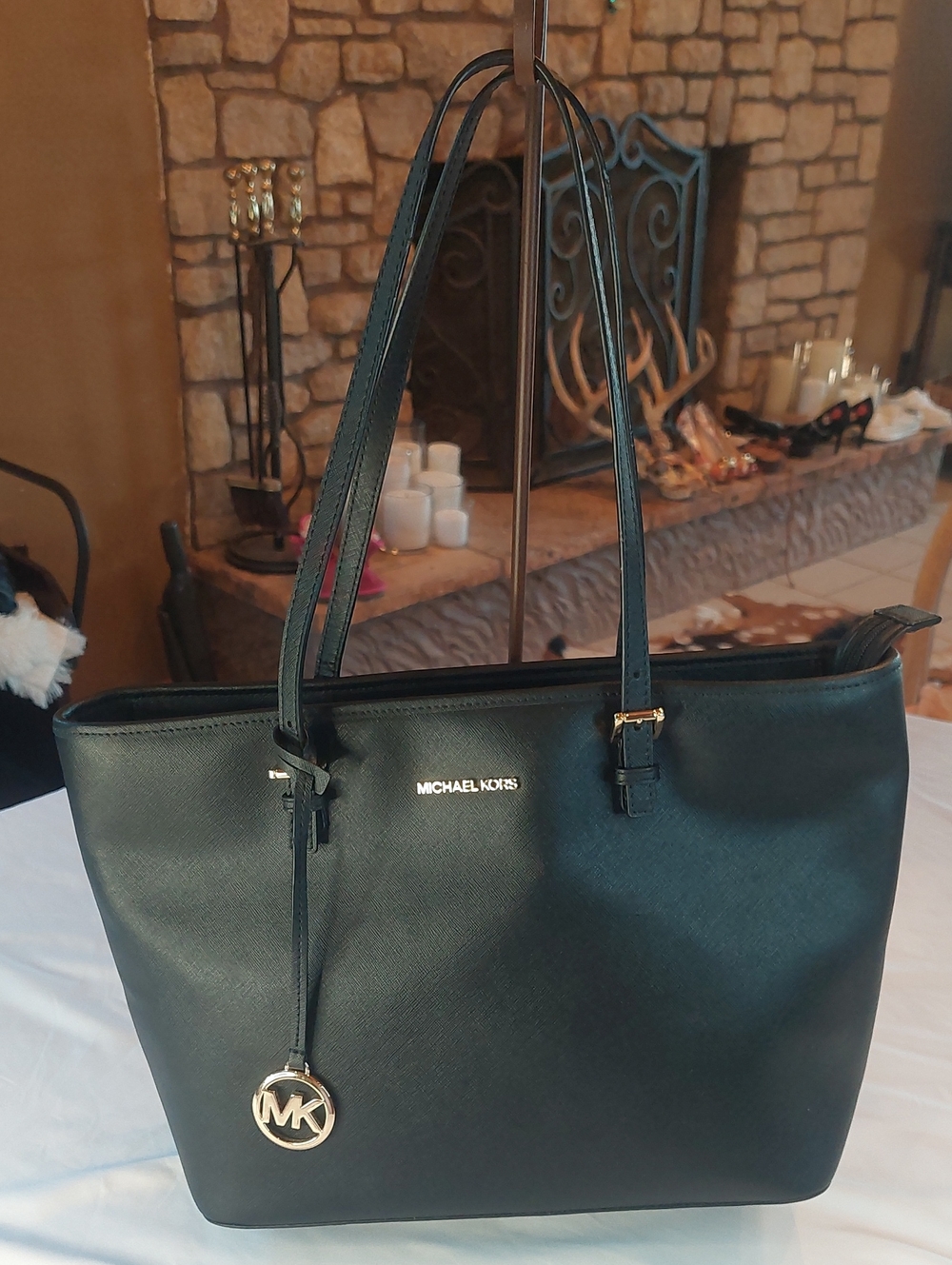 Michael Kors Black Saffiano Leather Tote with MK Charm